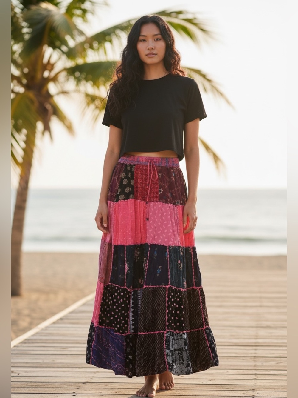 Boho Patchwork Maxi Skirt - Pink & Black